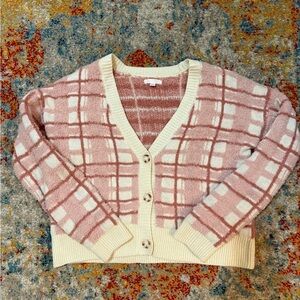 LC Lauren Conrad Pink Plaid Cardigan with Cream Trim